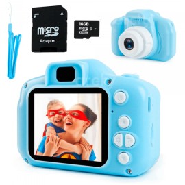 Mini Cámara para niños + Memoria Micro SD de 16GB + Adaptador SD Pantalla Digital Foto y Video con Marcos Filtros Juegos y Corr