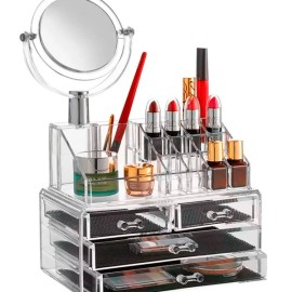 Organizador de Maquillaje de Acrilico 3 en 1 con Espejo Doble y zoom